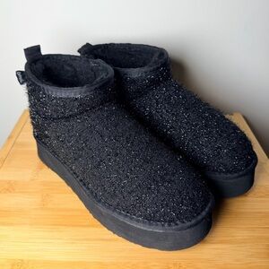 BearPaw Boots Shalini Youth Girls Size 5 Black Sparkle Glitter Black Silver EUC